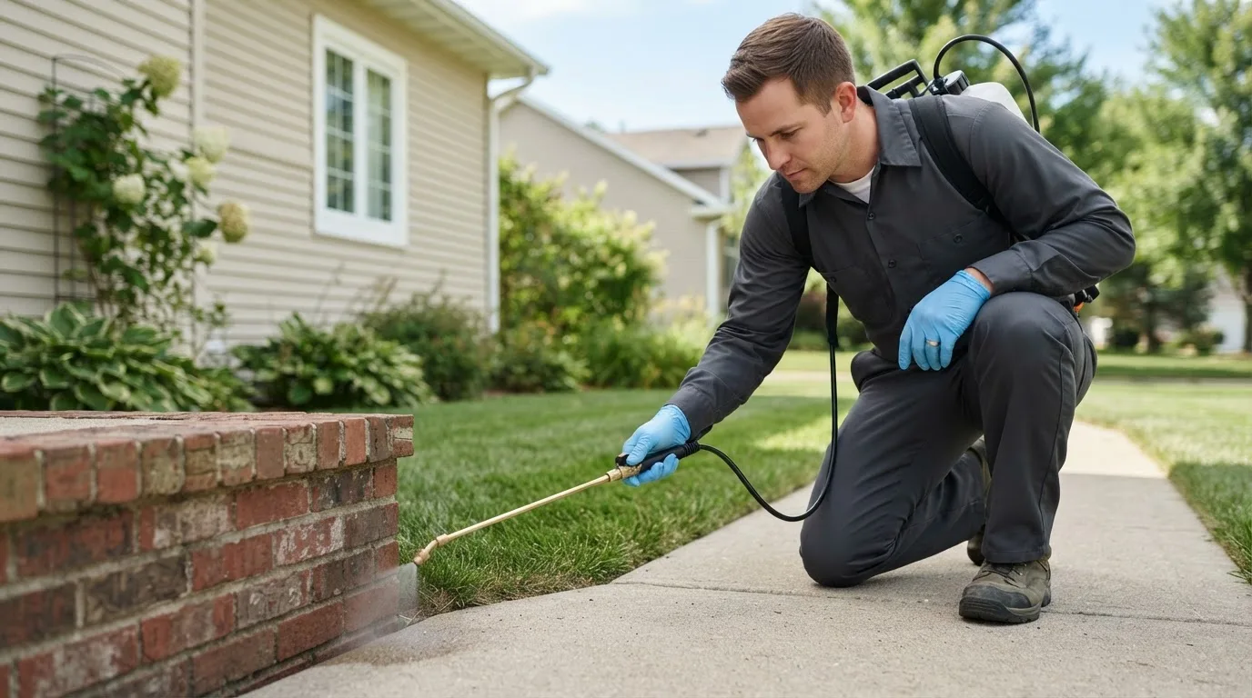 Pest control technician treating a home near Steele, AL